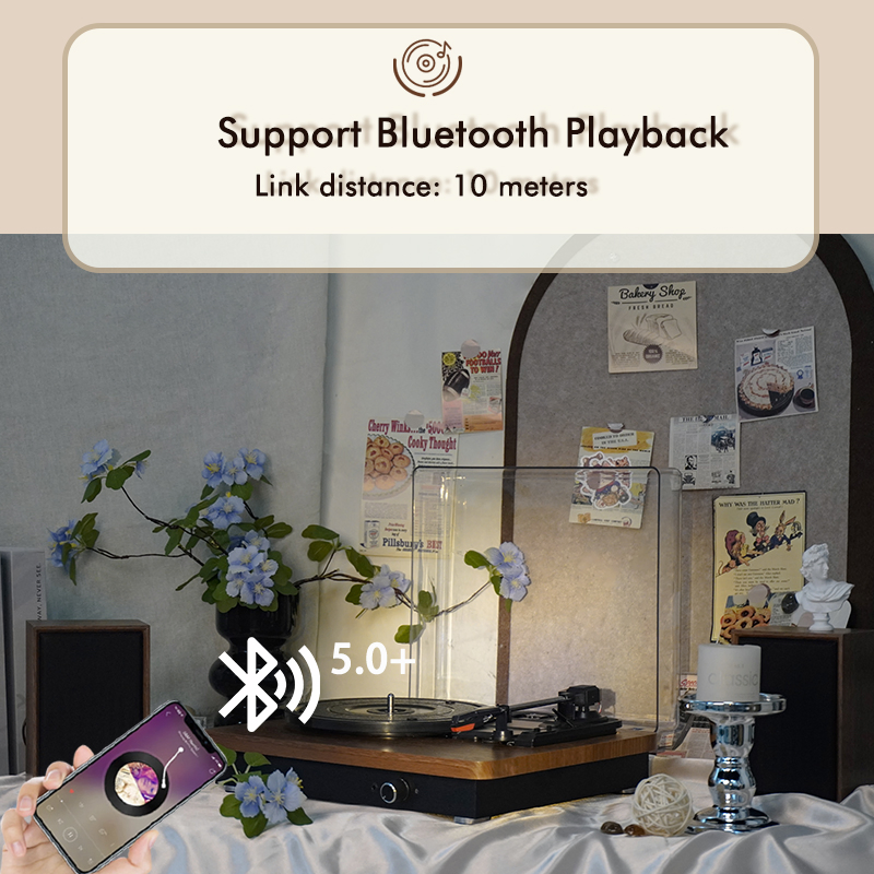 Tr112 Wooden Vinyl Record Player Turntable with Free High-Fidelity Speakers