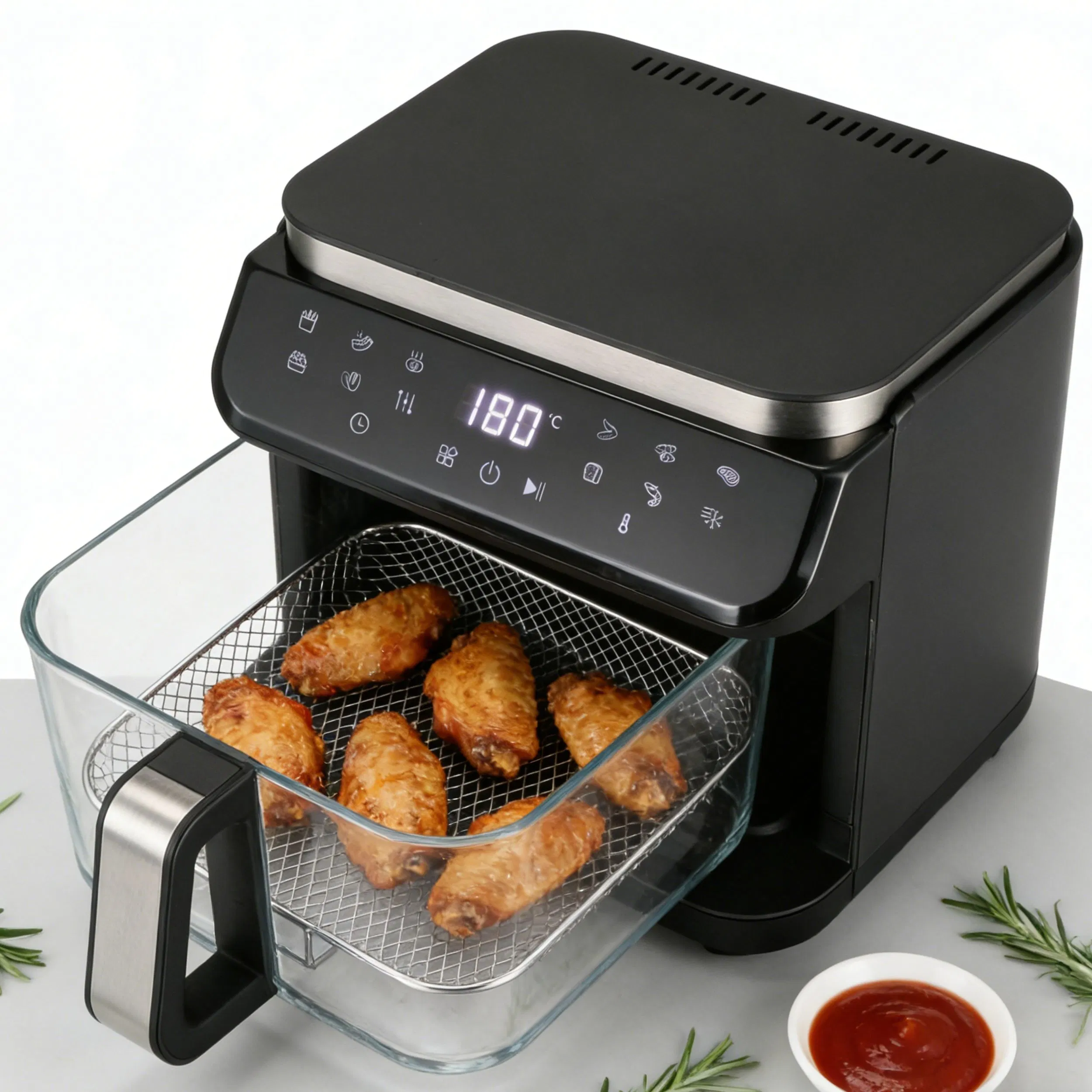 Longbank Wholesale LED Display 5.5L Big Capacity Air Fryer Electric Fryer 1200-1400W Household Delicate Visual Glass Air Fryer
