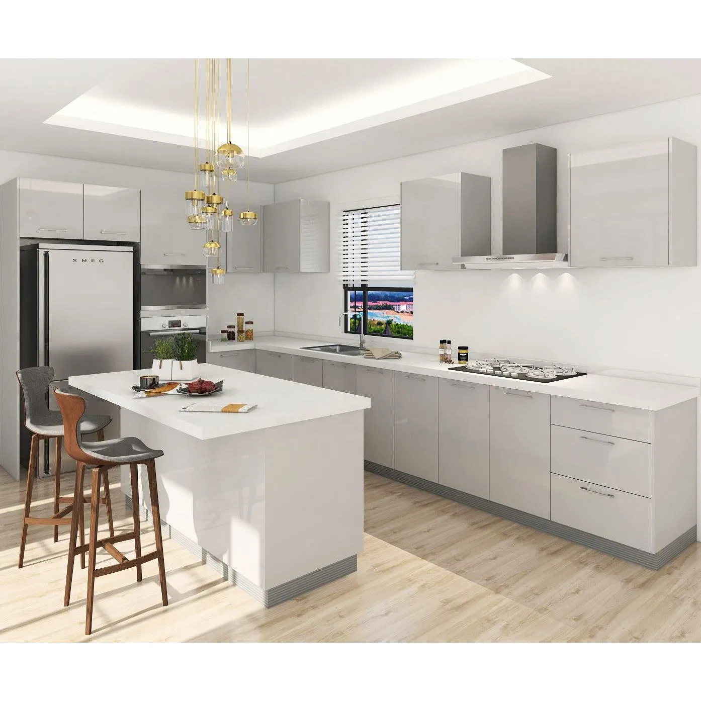 Apartment Ready to Assemble Modern Gray Lacquer High Gloss Kitchen Cabinet