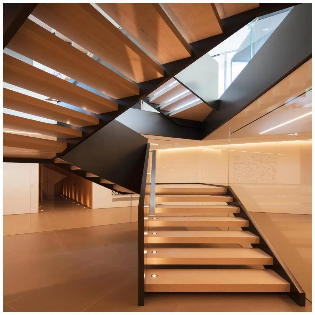 Cbmmart Modern Wood Interior Straight Staircase with Glass Railing