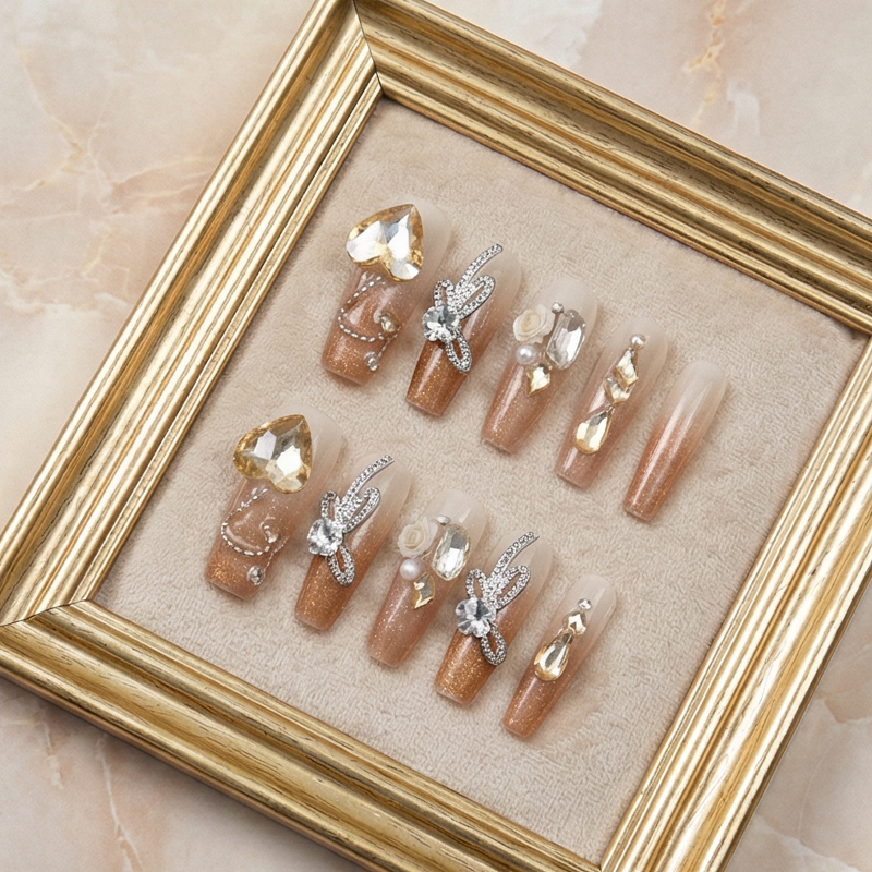 Glamorous Champagne Brown Gradient Press-on Nails with Pearls