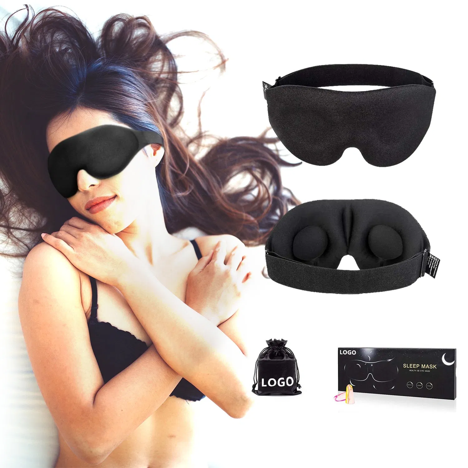 3D Contoured Memory Foam Eyemask Black Custom Logo Travel Eye Sleep Mask