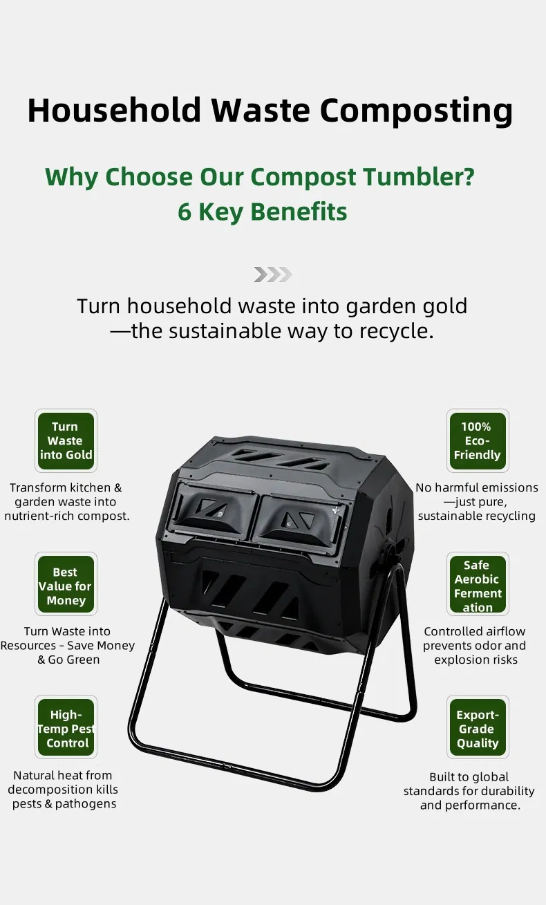 43 Gallon Black Door Outdoor Compost Tumbler Dual-Chamber