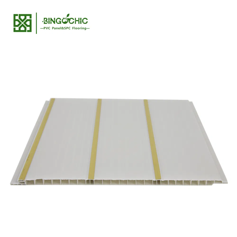 Three Sliver Gloden Lines Printing PVC Tiles Ceiling Panel