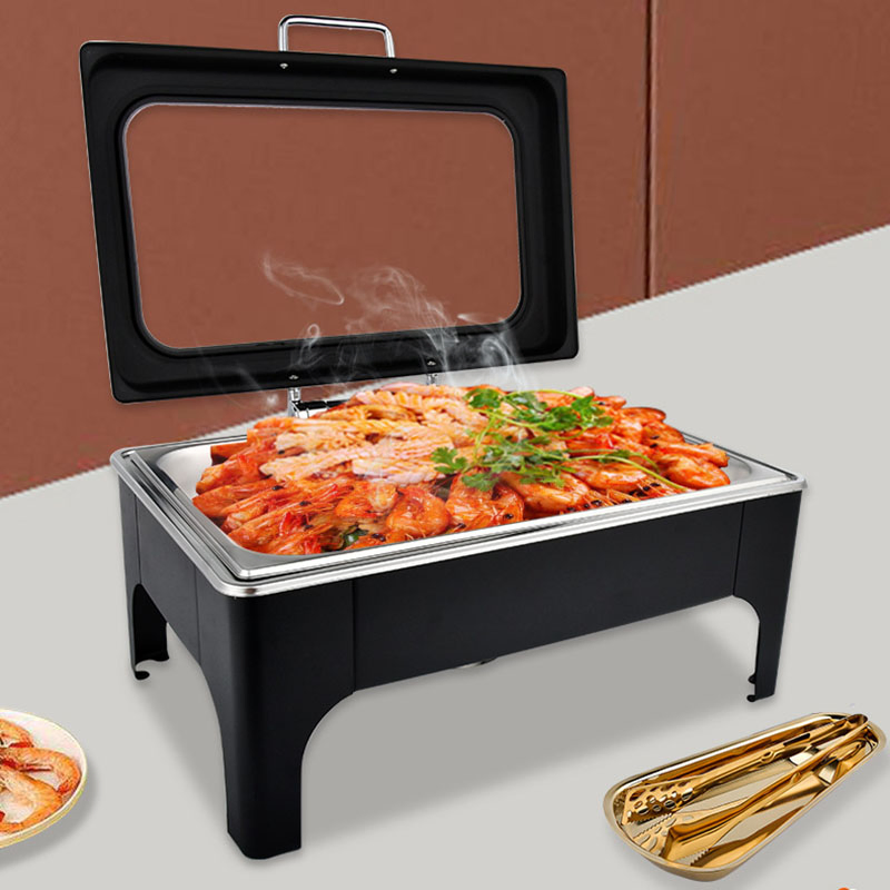 9L Stainless Steel Black Buffet Stove Hydraulic Cover Breakfast Heating Insulation Commercial Hotel Restaurant Chafing Dish