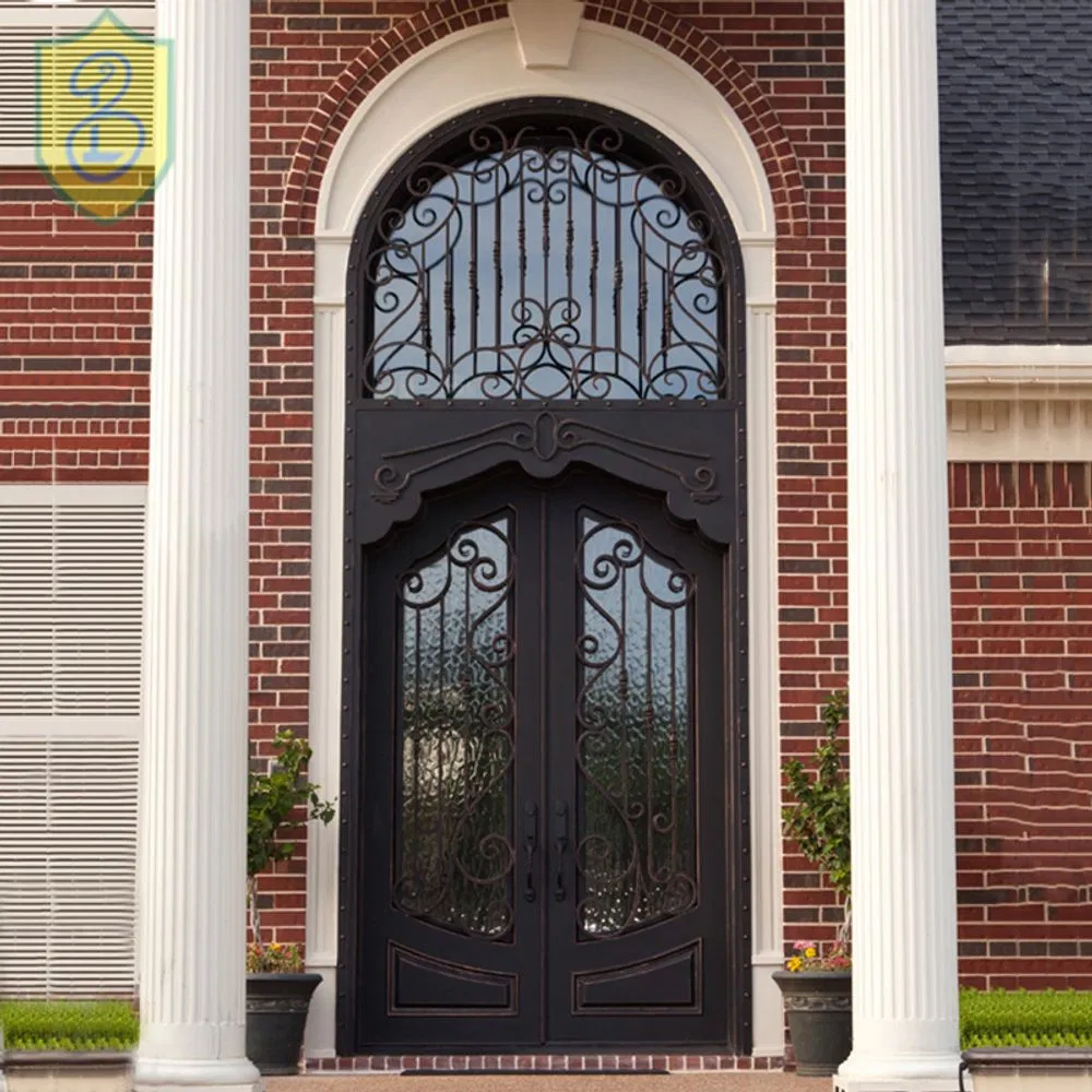 Custom Size Arched Entry Metal Steel Iron Glass Door Double Front Exterior Iron French Door