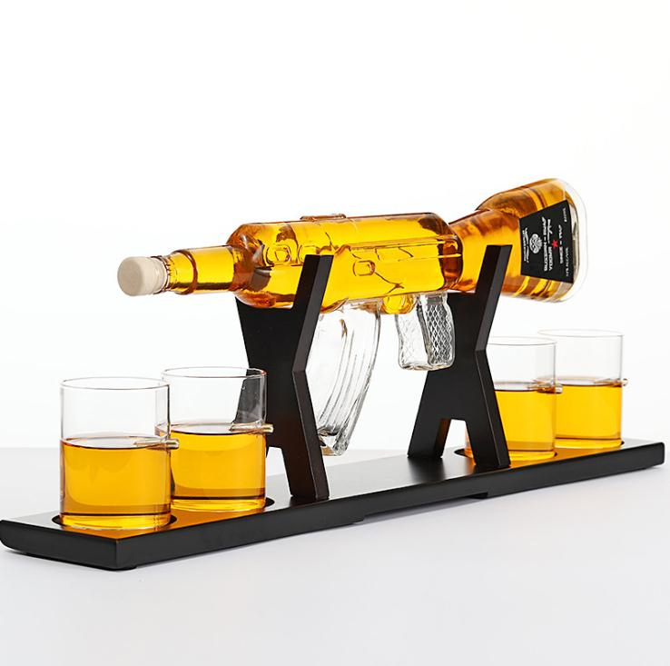 Handmade Glass 800ml Ak 47 Gun Shape Wine Whiskey Decanter Bottle Set with Cups