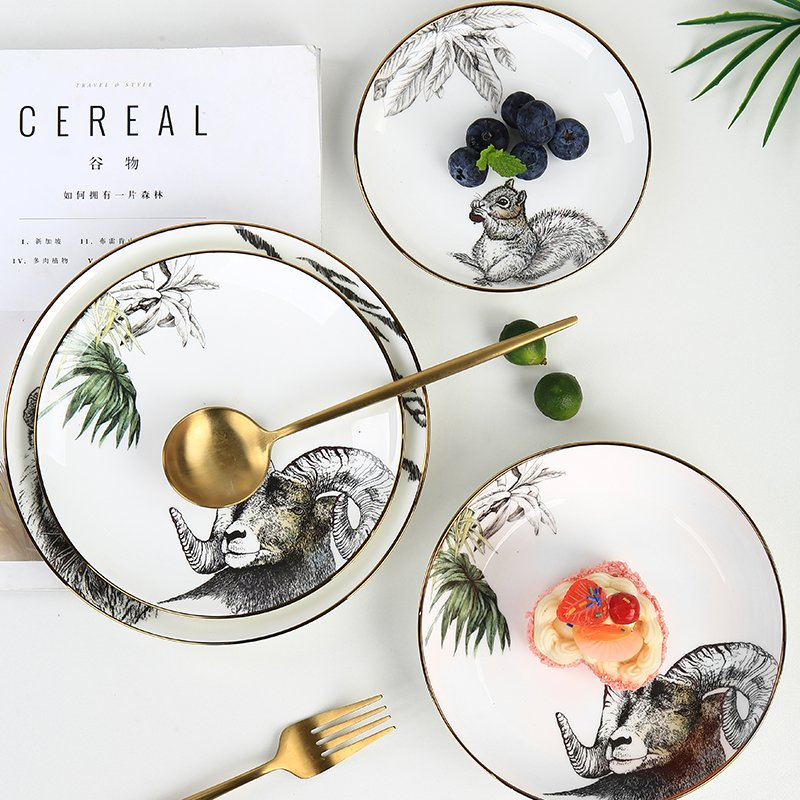 Animal Decal Sample Customization Ceramic Charger Plate Porcelain Bone China Plate Dish Set Dinner Set