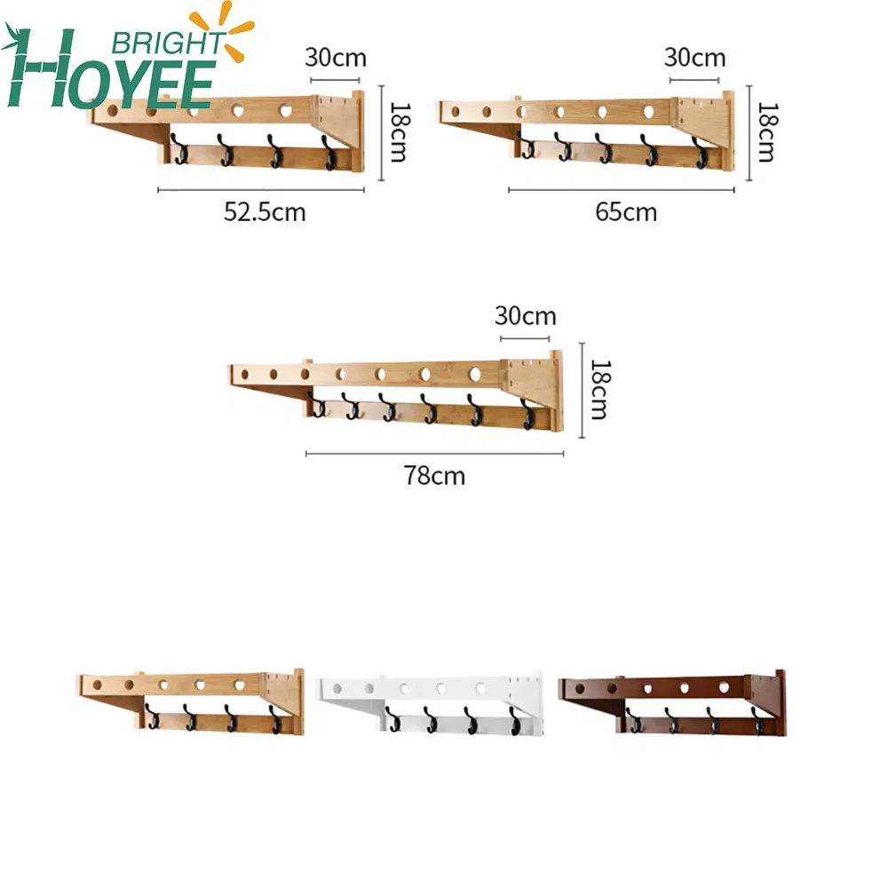 Bamboo Wooden Wall Mounted Clothes Hooks Rack with Book Wall Shelf Combo