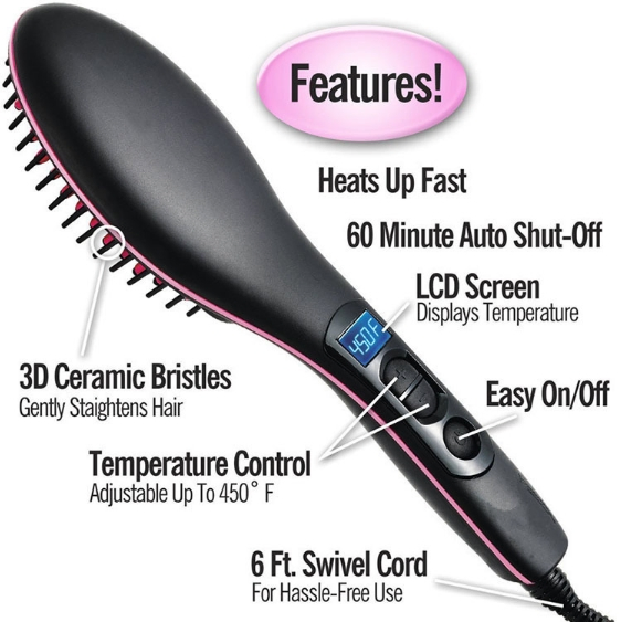 LED Display Hair Straightening Brush - Wet & Dry Use, Electric Magic Hair Brush Straightener