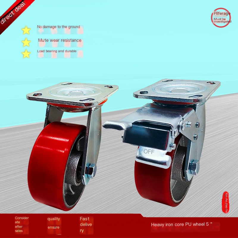 8 Inch Swivel Caster, Heavy Duty Red Polyurethane Mold on Steel Caster Wheels