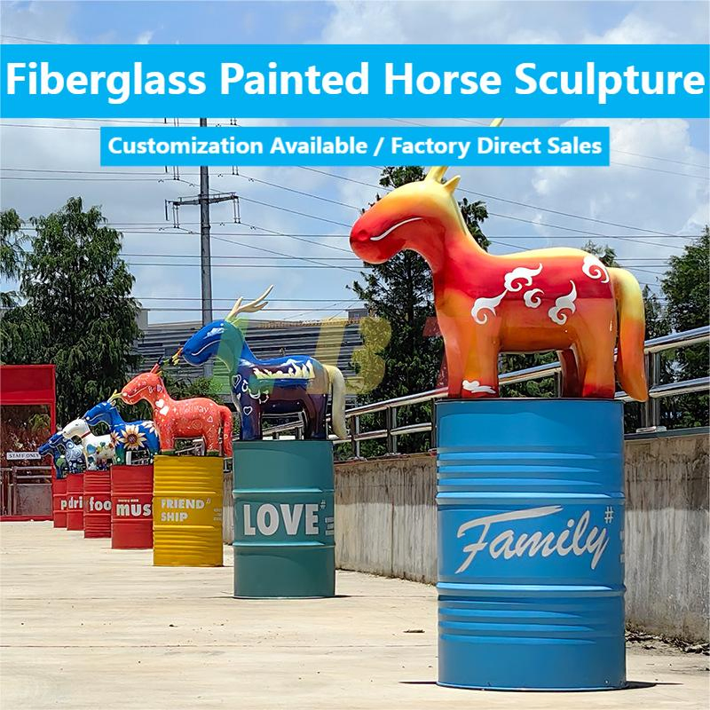 Customizable Outdoor Lifelike Animal Ornaments Fiberglass Painted Oil Barrel Horse Sculptures