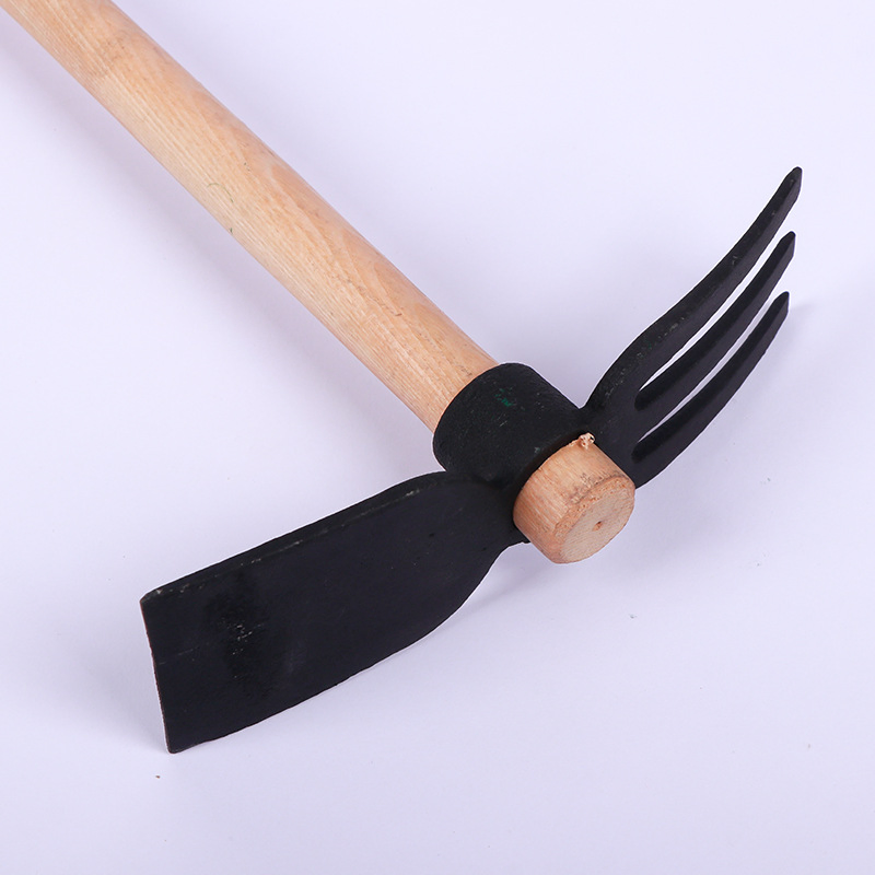Multi-Specification Outdoor Agricultural Gardening Two-Toothed Fork Weeding Digging Soil Planting Vegetable Planting Flower Wooden Handle Small Digging Hoe