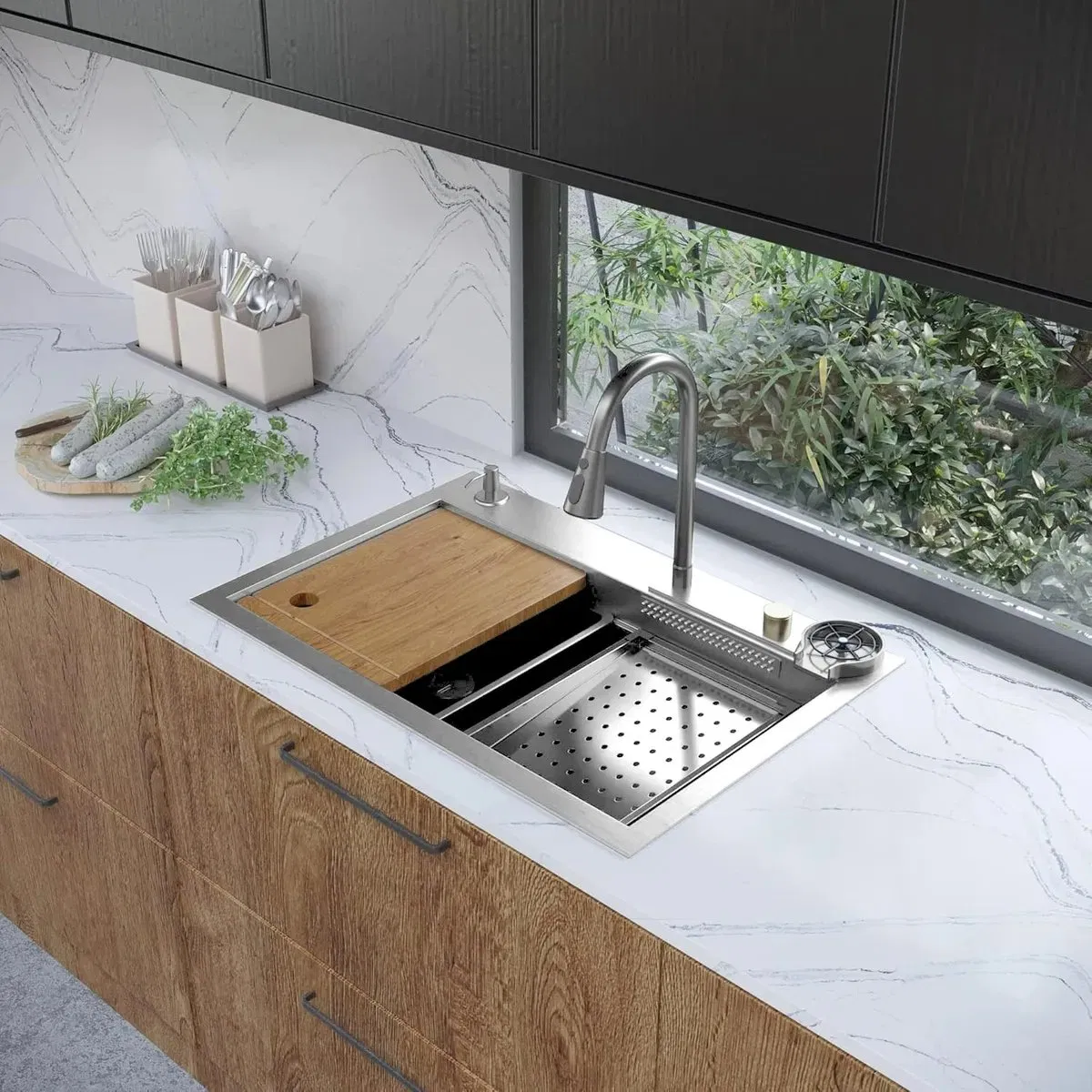 Manufacturer Direct Sales Handmade Stainless Steel Kitchen Sink Single Basin Smart Waterfall Kitchen Sink