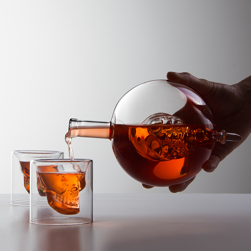 High Borosilicate Skull Decanter Dispenser Cup Set Globe Shape with Wooden Base