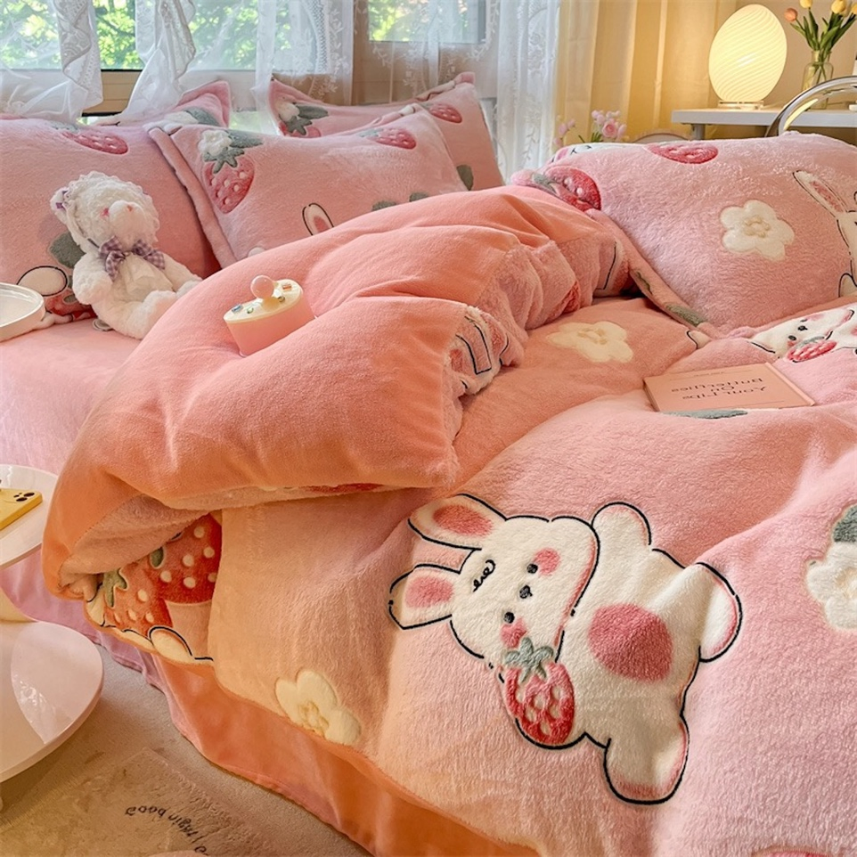 Pink Rabbit Printed Pure Cotton Duvet Cover Flat Sheet Pillowcases Children Sabanas Bed Linen Skin-Friendly Quilt Comforter Cover Kids Queen Bedding Set