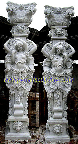 Entrance Main Gate Square Pillars Carved Stone Sculpture Columns with Marble Carving Lady Statue (QCM124AB)