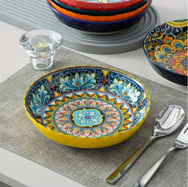Ceramic Salad Bowls of 6 32 Oz Large Colorful Serving Bowls for Kitchen Dishwasher & Microwave Safe