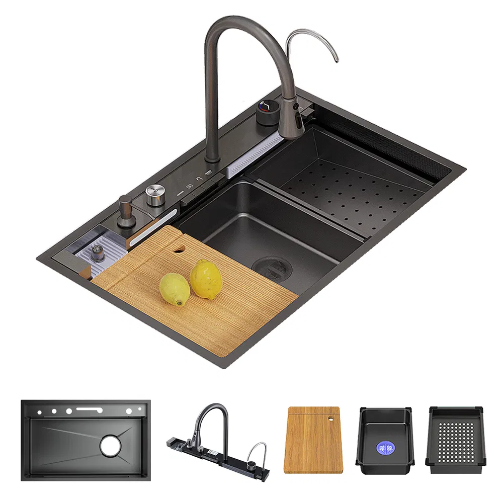 New Undermount Waterfall Kitchen Sink Flying Rain Sink Multifunctional Sink Nano Black Sink Whale
