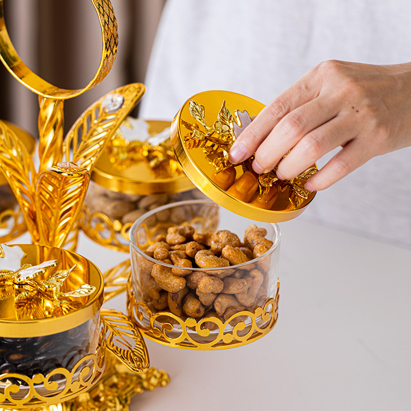 Home Decor Bowl Set, Includes 4 Glass Bowls and Gold-Plated Iron Stand Chocolate Jar
