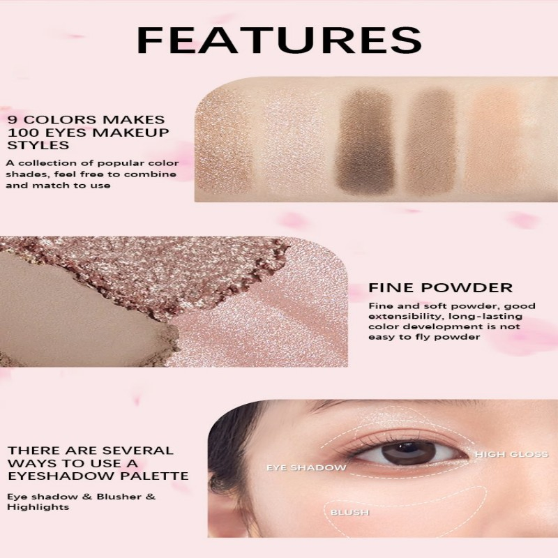 Cosmetics Translucent Light Clear and Sparkling 9 Color Eyeshadow Palette