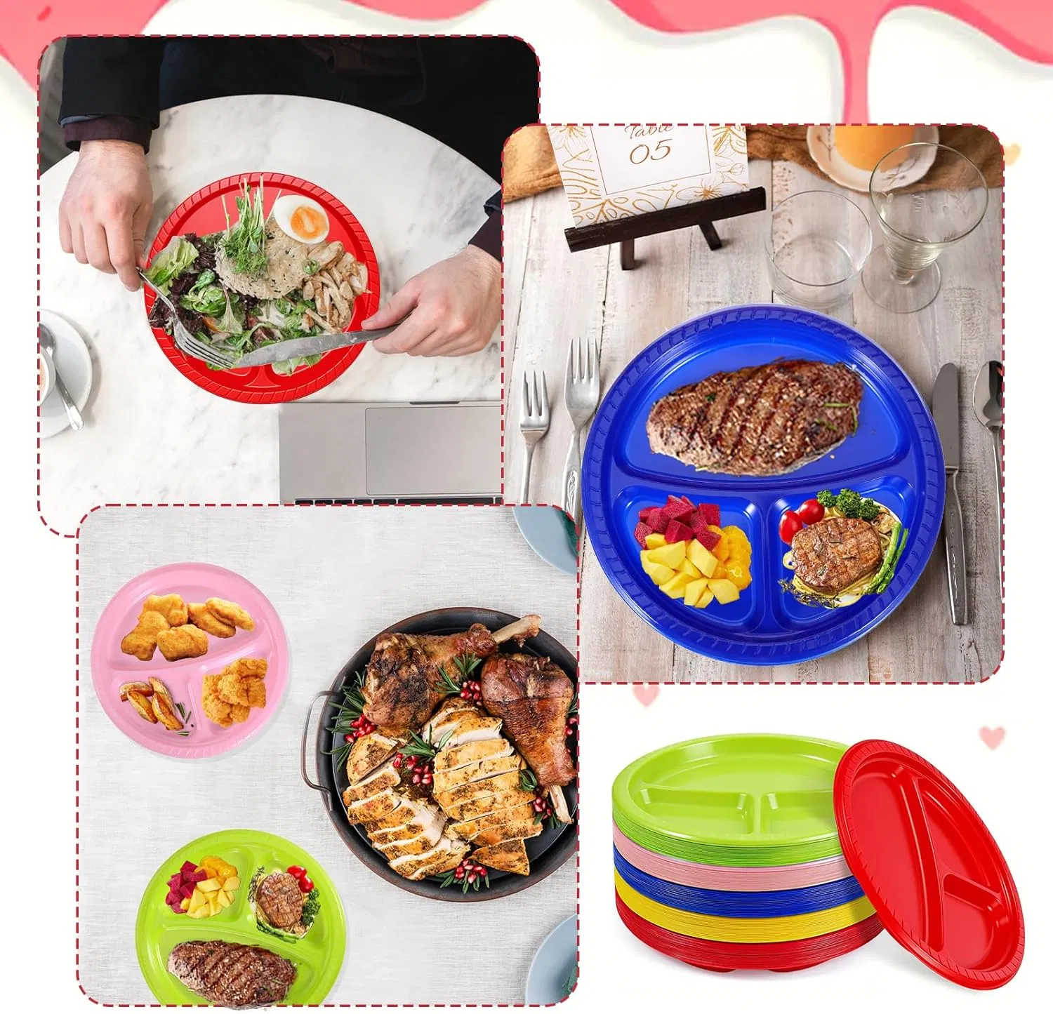 3 Compartments Divided Plastic Party Plates