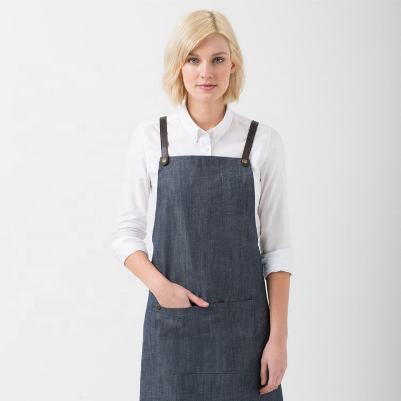 Fashion Custom Cotton Linen Kitchen Server Bib Cooking Embroidery Khaki Chef Apron