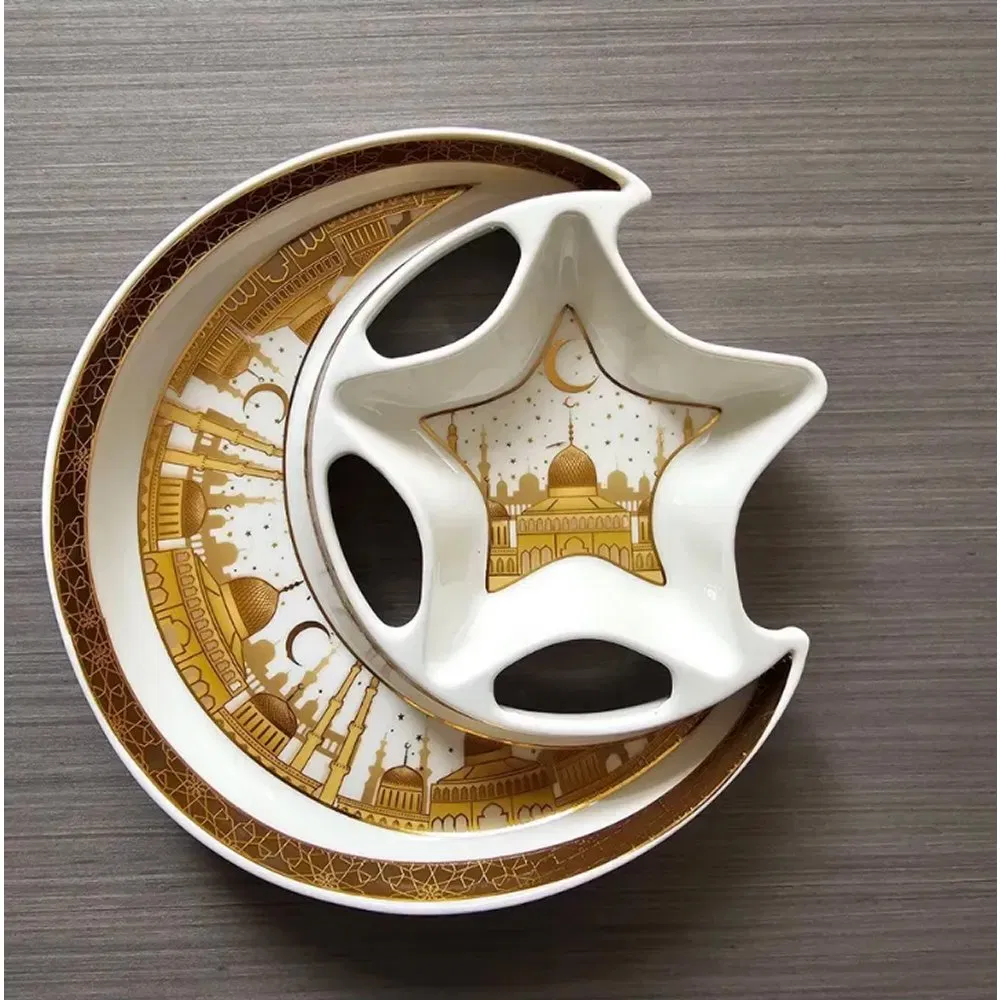 Ceramic Star Moon Shaped Serving Tray Eid Ramadan Plate, Dish Ramadan Kareem Decoration Tray Eid Mubarak Dessert Tray