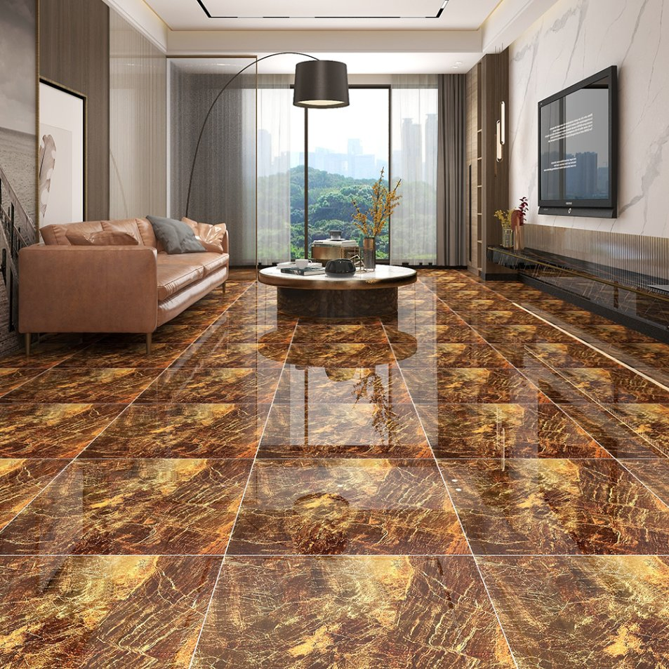 High Glossy Fully Vitrified Living Room Flooring Tiles 60X60 Dark Brown Glazed Porcelain Floor Tile