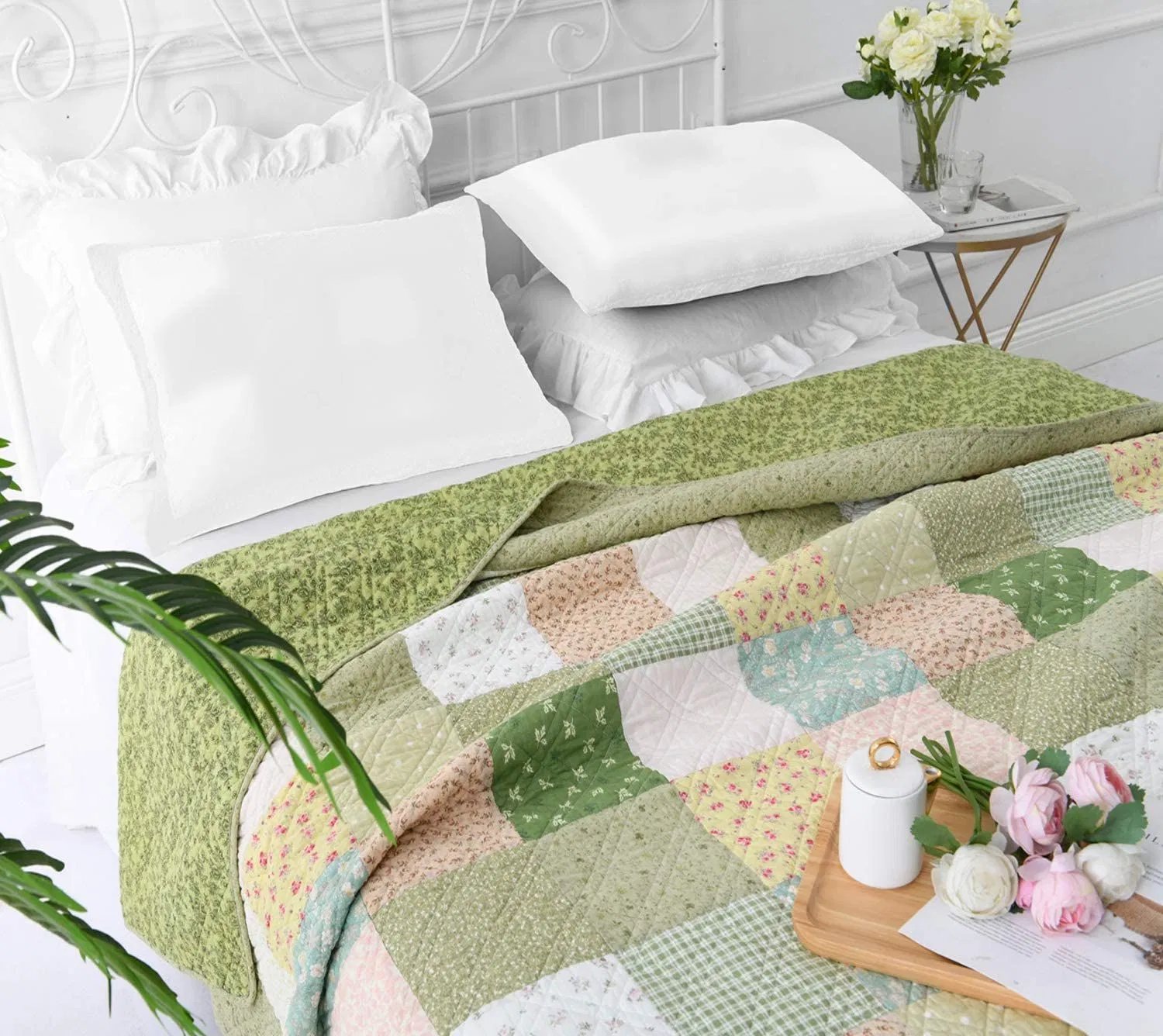 Oversized King Bedspread Quilt Set to The Floor, French Country Patchwork Pattern, Floral Paisley Prints, Beautiful Colors!