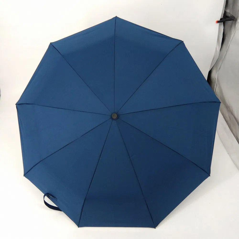 New Arrival Full Automatic Strong Windproof Wooden Handle Navy Blue Pocket Umbrella with Twill Pongee Fabric
