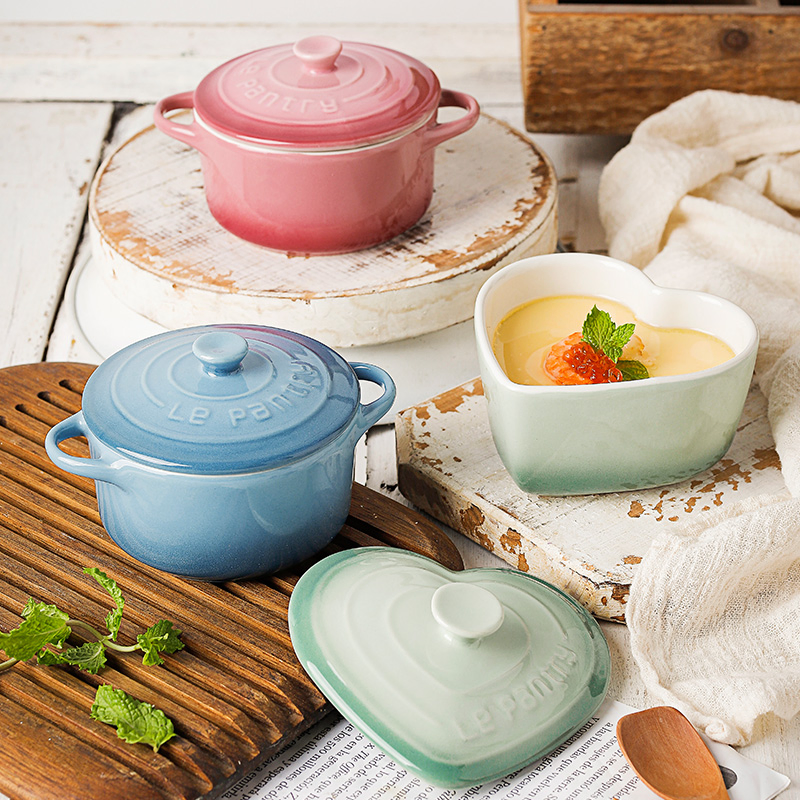 Double Ear Soup Bowl Heat Resistant Mini Round Ceramic Baking Bowl with Lid