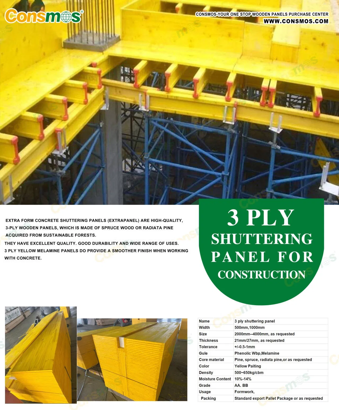3-Ply Pine Panel Shuttering Board with Yellow Painting Phenolic WBP Glue for Shuttering Formwork