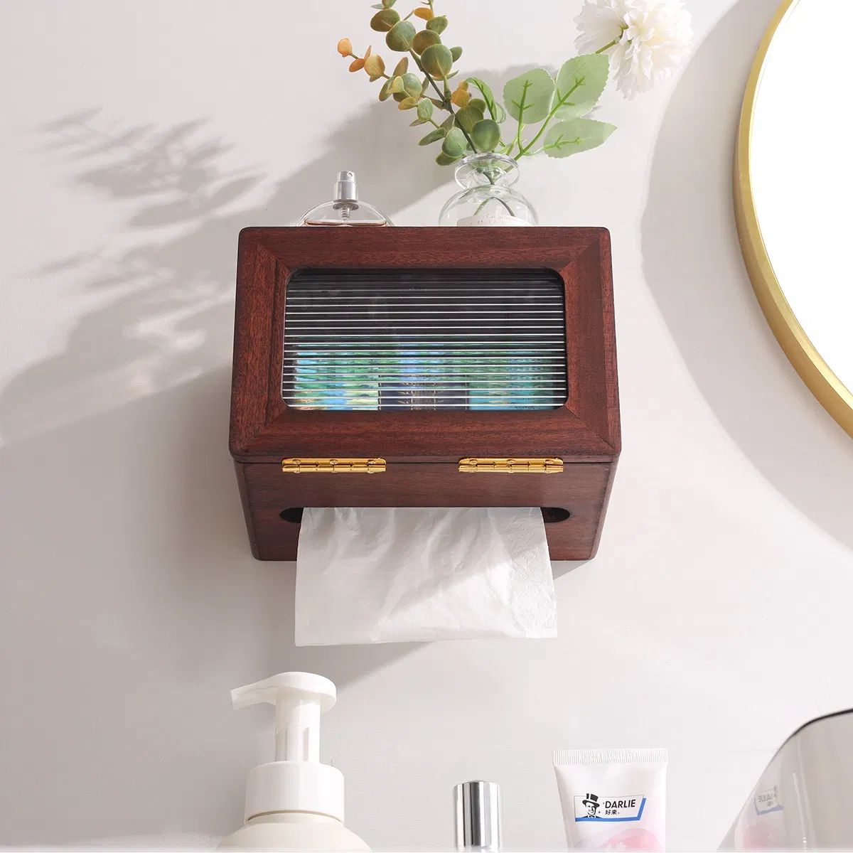 Sturdy Wooden Box Hosting Kitchen Tissue and Toilet Paper Roll Dispenser