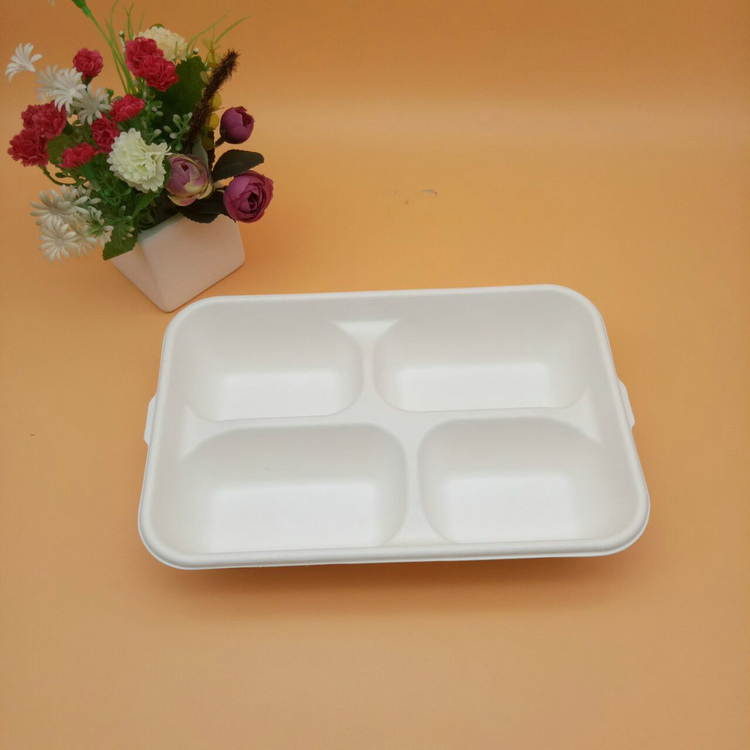 4 Divided Compartment Rectangle Sugarcane Bagasse Plates Tray