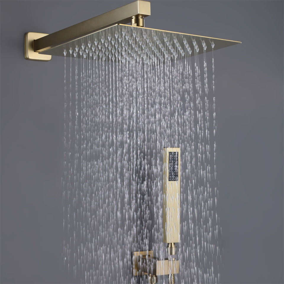 Bathrooms PVD Brushed Gold Wall Mounted Square Concealed Rain Shower Mixer Set