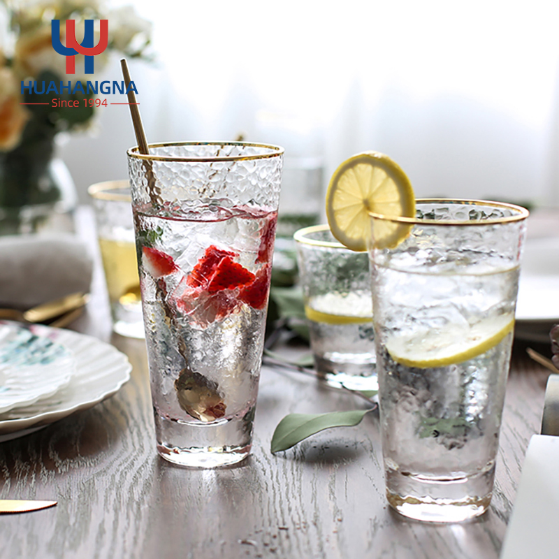 Wholesale Modern Hammer Patterned Heat-Resistant Gold Edged Glass Mug Water Cups for Juice Milk Tea Coffee