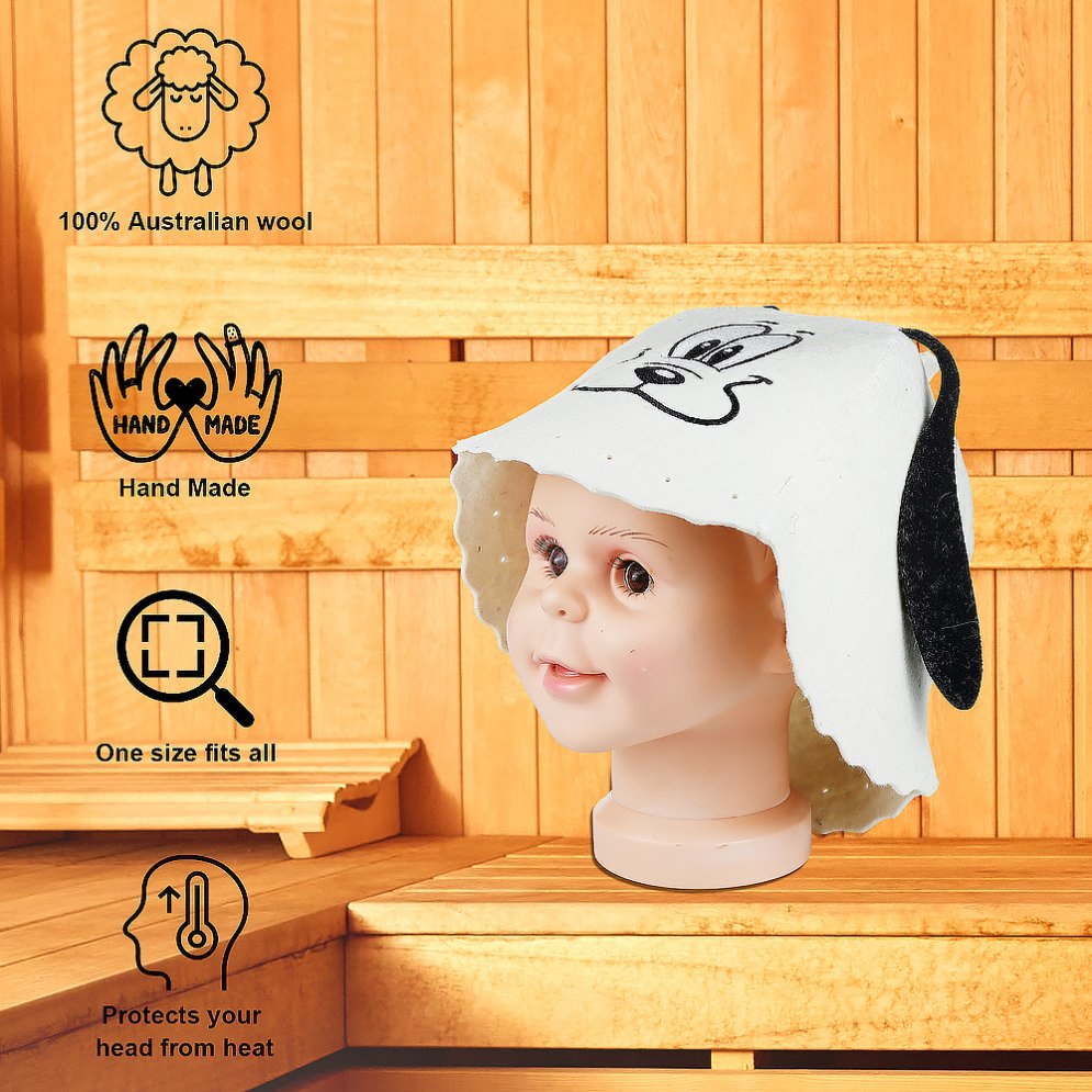 Sauna Hat White/Grey - 100% Organic Wool Felt Hats - Protect Your Head From Heat