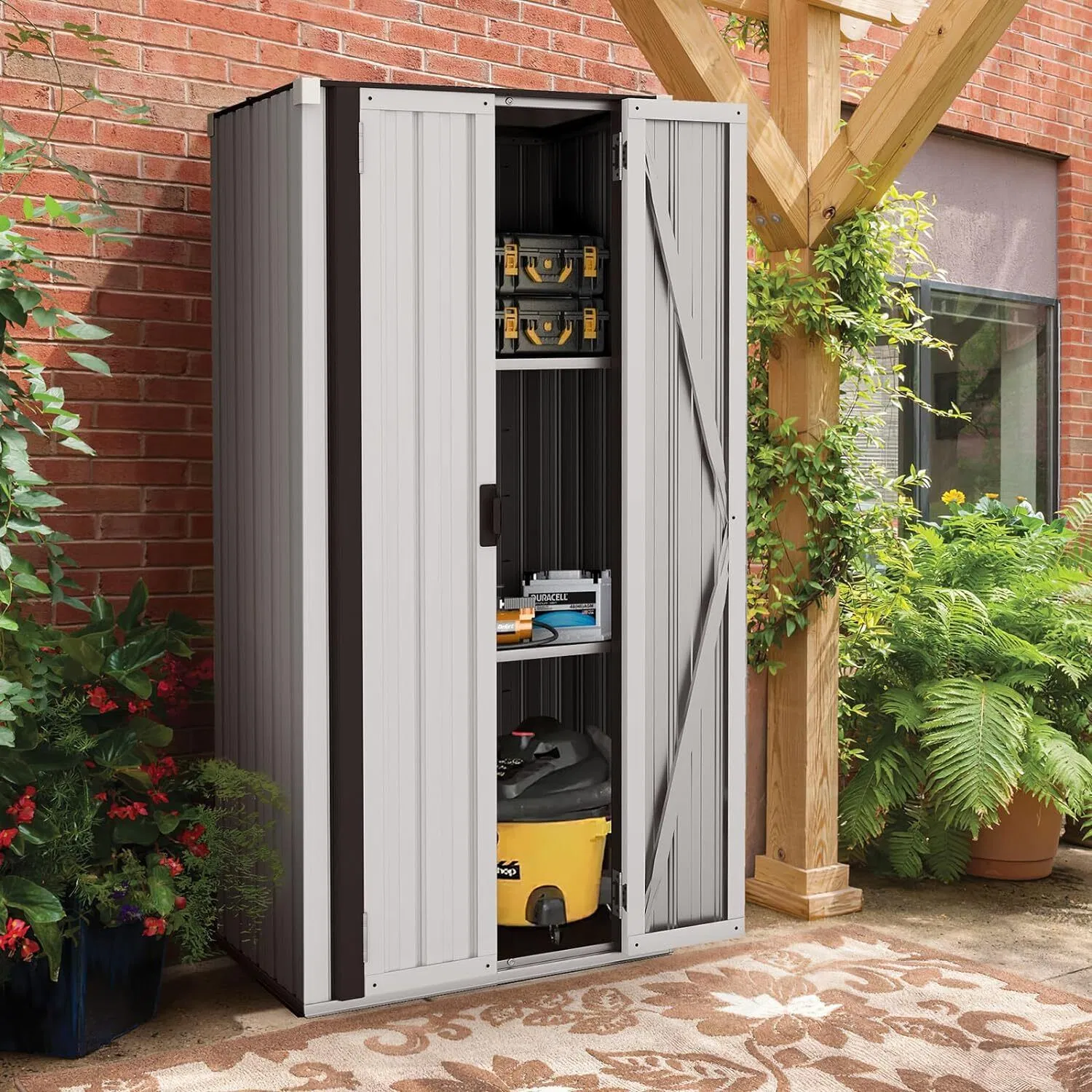 Outdoor Storage Shed, Waterproof Aluminum Garden Shed with Lockable Double Door, Weather Resistant Tool Storage House Grey