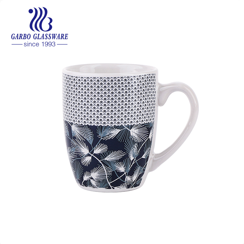 Big-Handle 12oz Elegant Pure White Stoneware Ceramic Coffee Tea Mugs with Linear Pattern