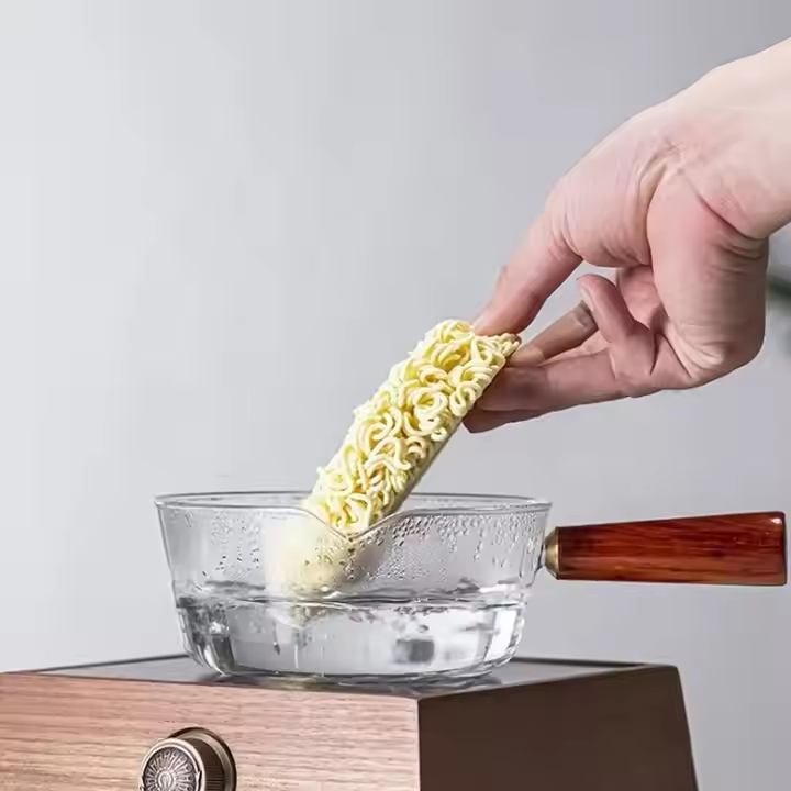 High Borosilicate Glass Cooktop Pan Pot with Wood Handle for Home Kitchen