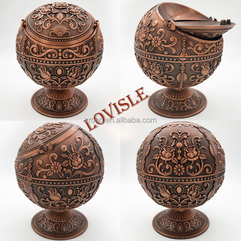 Vintage Windproof Ashtray with Lid Tabletop Cigarette Ashtray for Outdoor Indoor Metal Push Down Ashtray Smoking Ash Tray Hand Stamped Pattern Gift