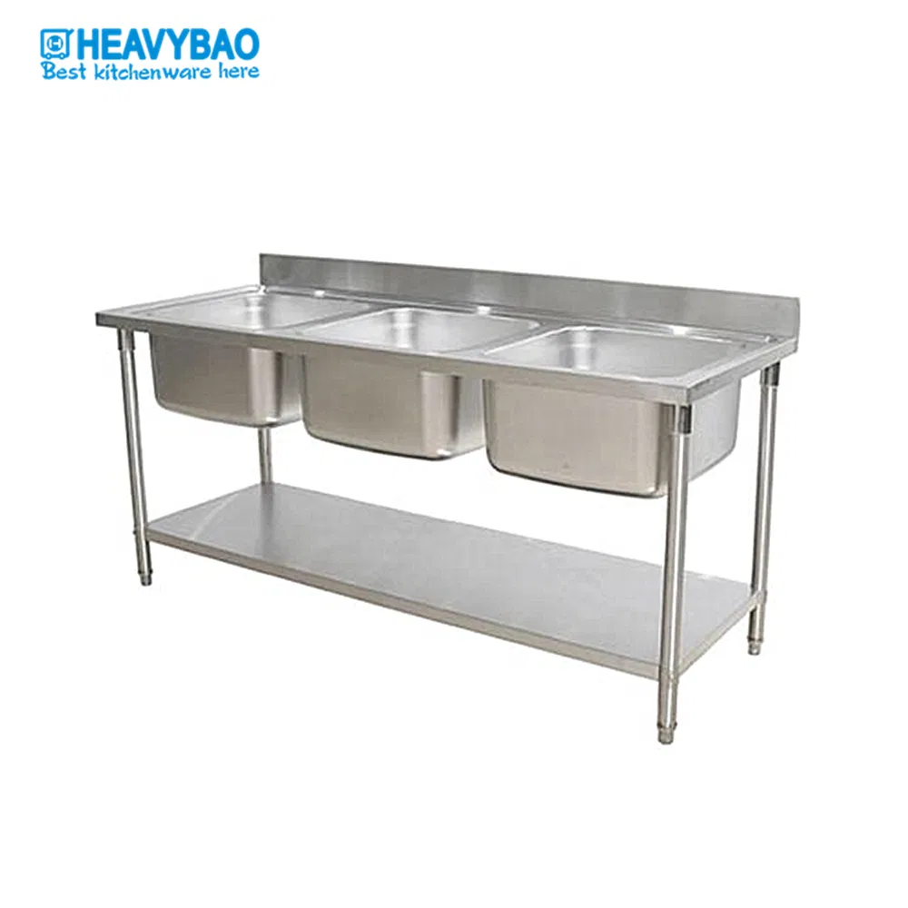 Heavybao 850mm Height Handmade Triple Bowl Stainless Steel Kitchen Sink for Restaurant Laundry Washbasin Sink