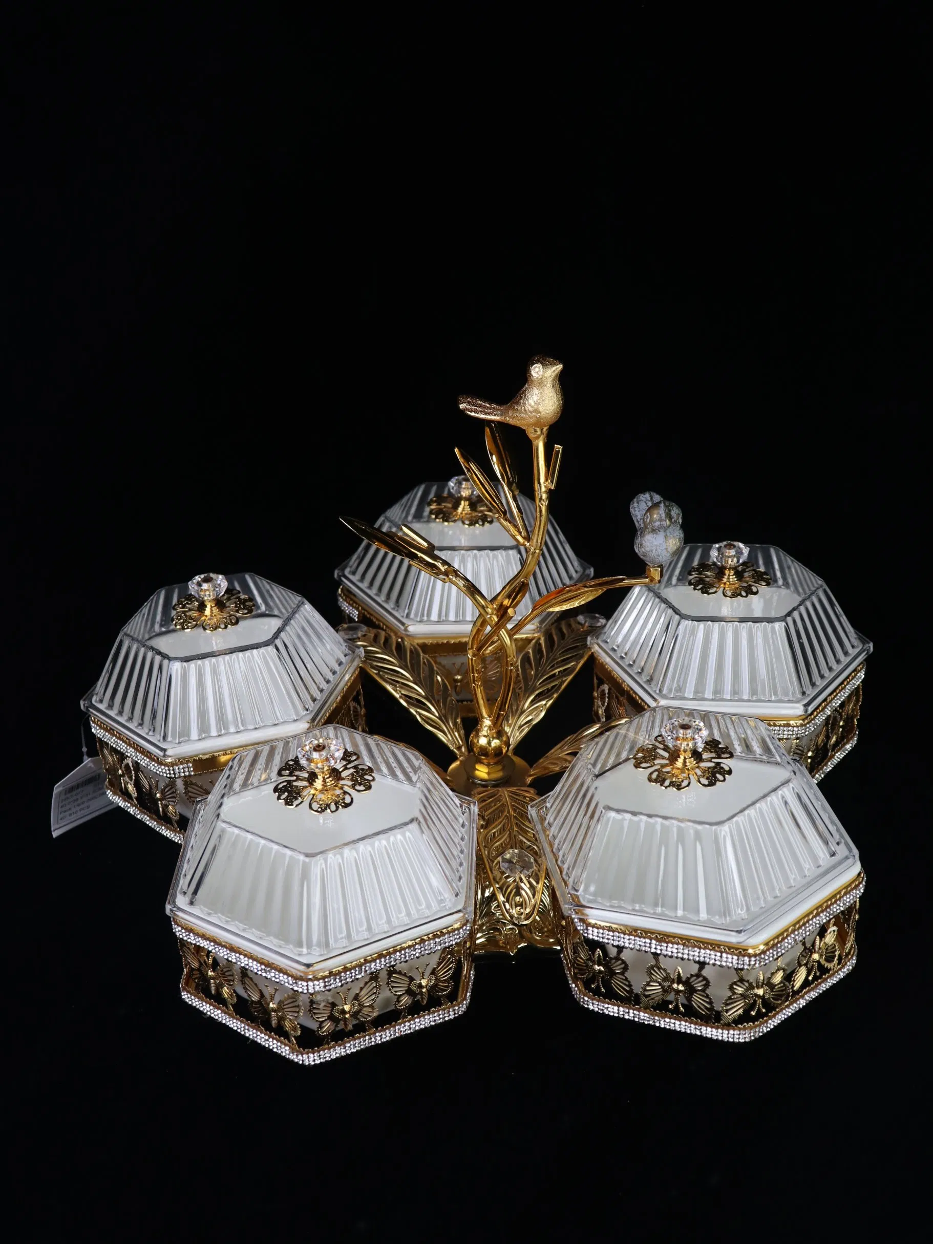 Home Ornament Gold-Plated Iron Frame with 5 Hexagonal Plastic Bowl Sets