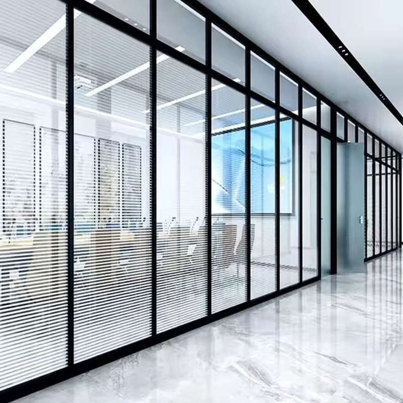 Black Frame Transparent Glass Partition Wall Full View Interior Glass Wall for Office High Privacy