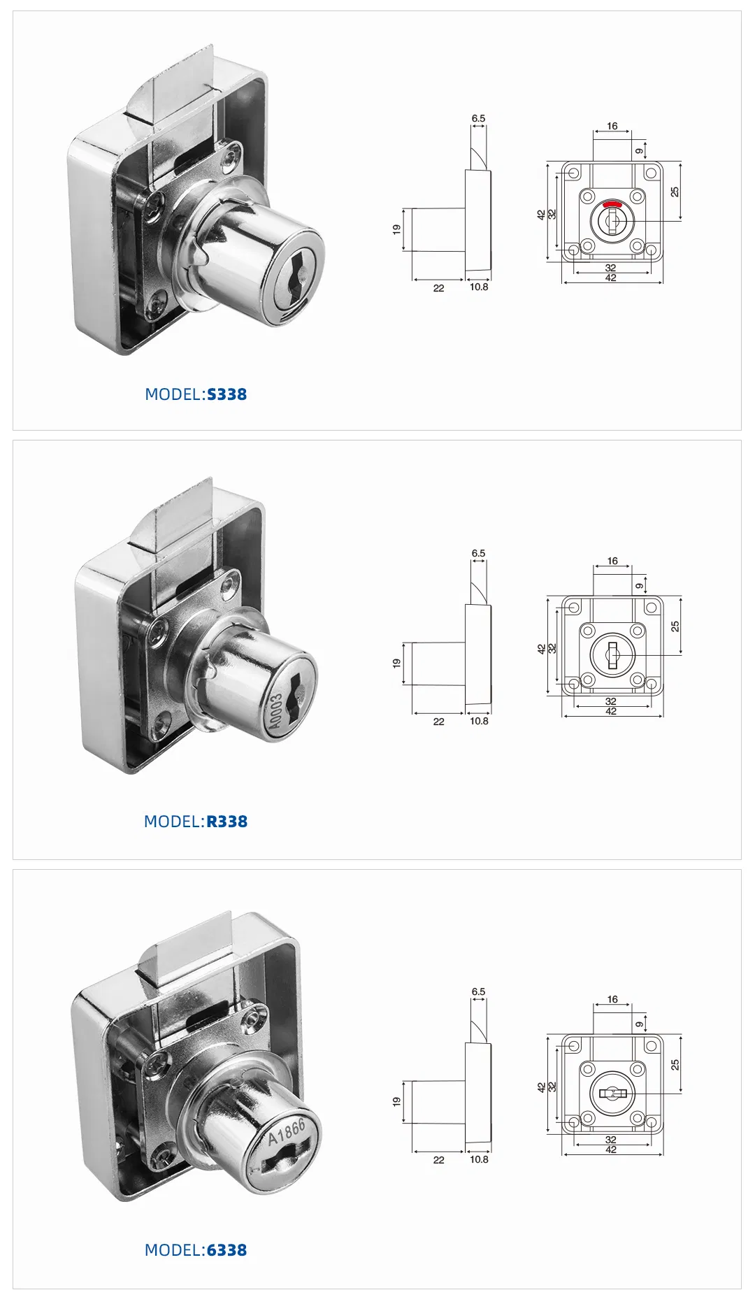 6338 Zinc Alloy Computer Key Drawer Lock for Furniture Desk and Cabinet Door with with Automatic Spring Lock Latch