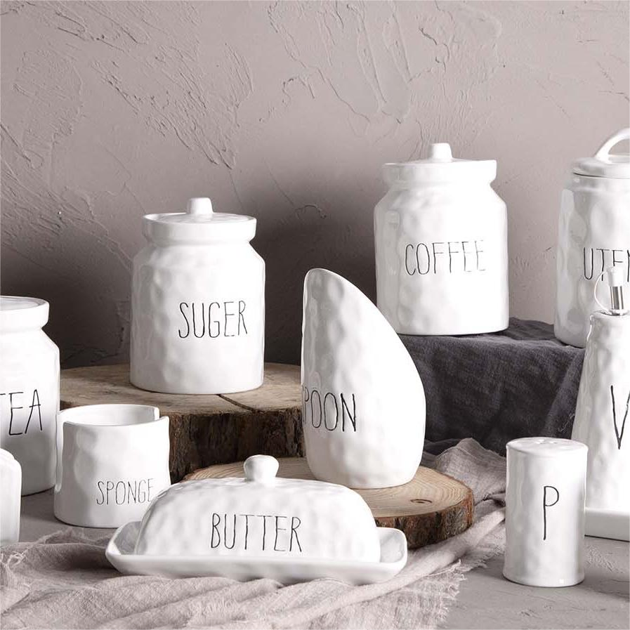 White Embossed Ceramic Kitchen Use Storage Jar/ Oil Bottle/ Spoon Holder/ Butter Dish