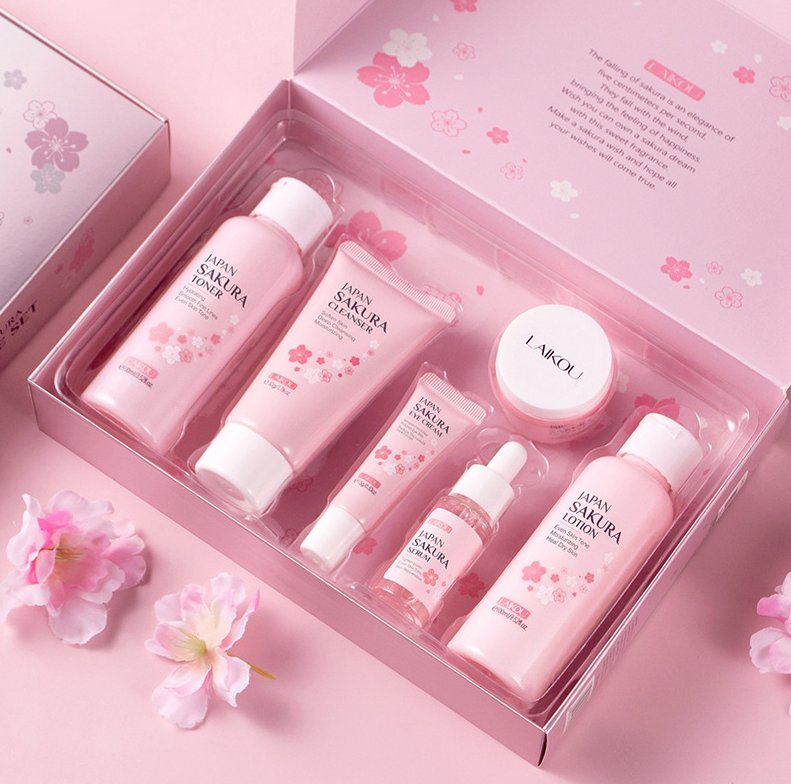 Online Wholesale Ready to Ship Sakura 6PCS Best Skin Care Set Products Improve Wrinkle Rough Skin Cleanser Toner Serum Eye Cream Face Essence Cream