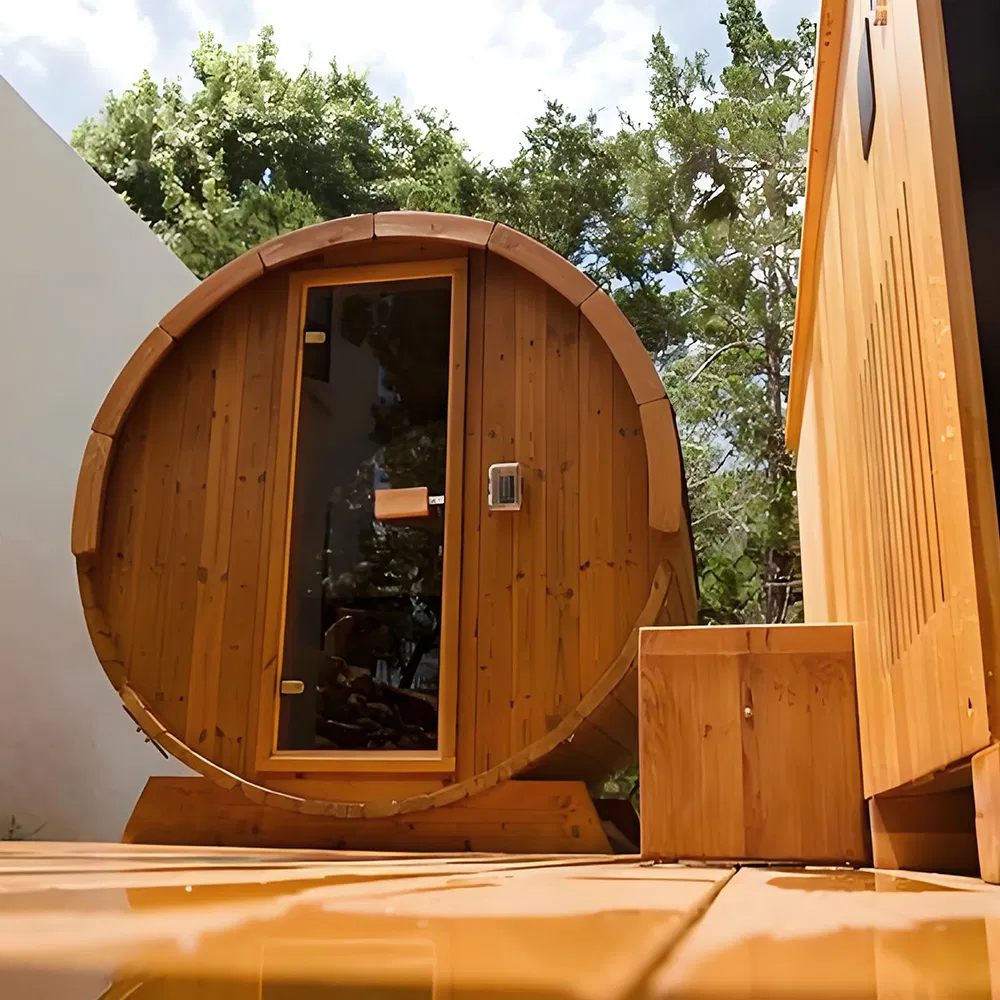 Luxurious Barrel Sauna with Wood Burning Stove for Home Enjoyment