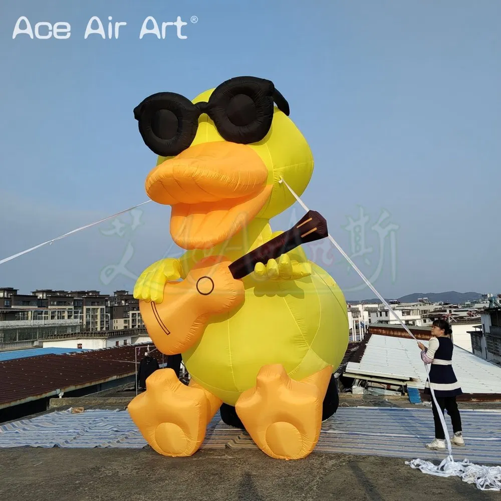 Giant 5mh Cool Yellow Giant Inflatable Duck with Guitar Inflatable Characters Cartoon Model Balloon for Advertising Promotion